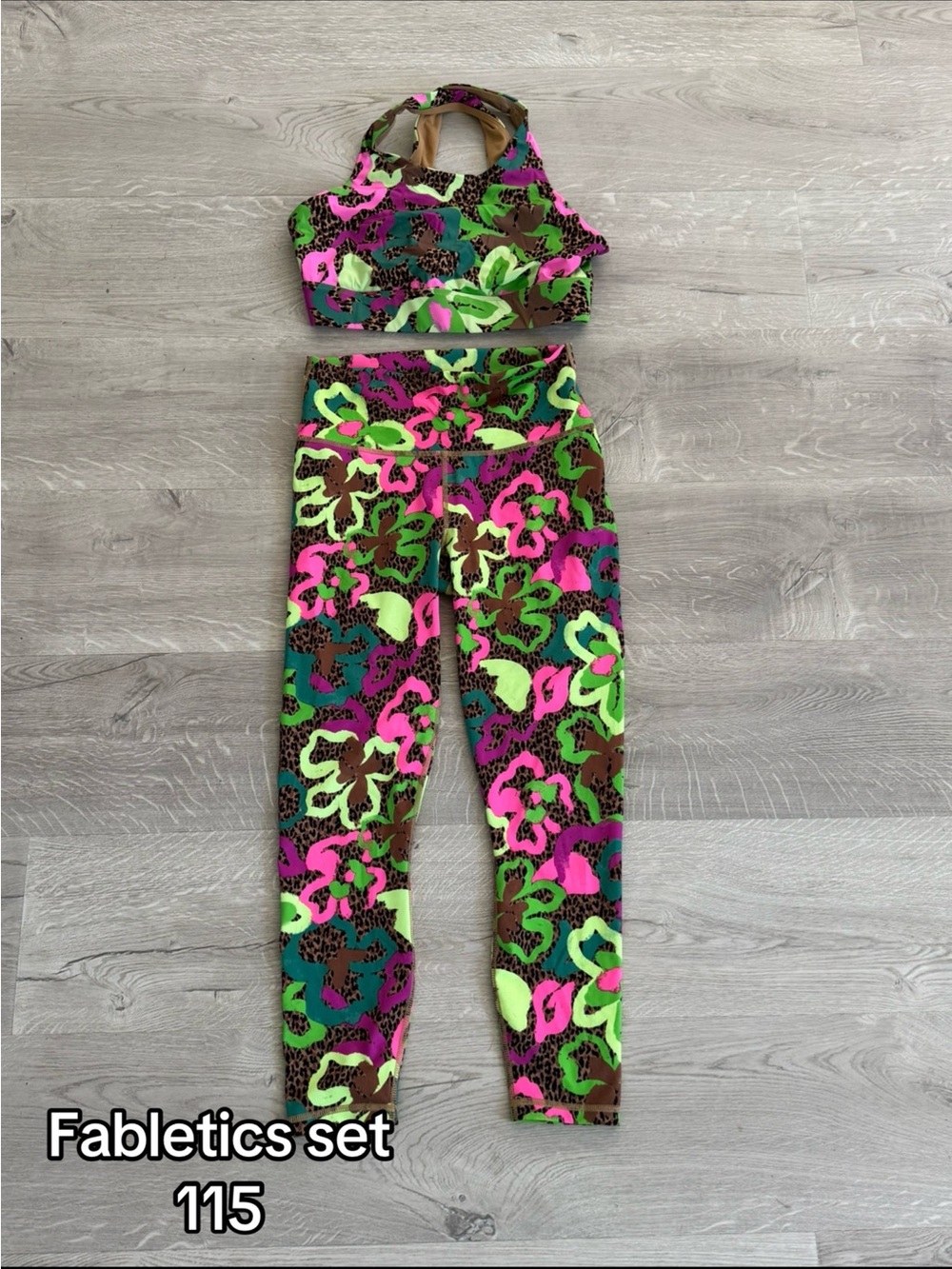 Fabletics Neon Camo Floral Sports Bra & Leggings - Pink, Green, Brown